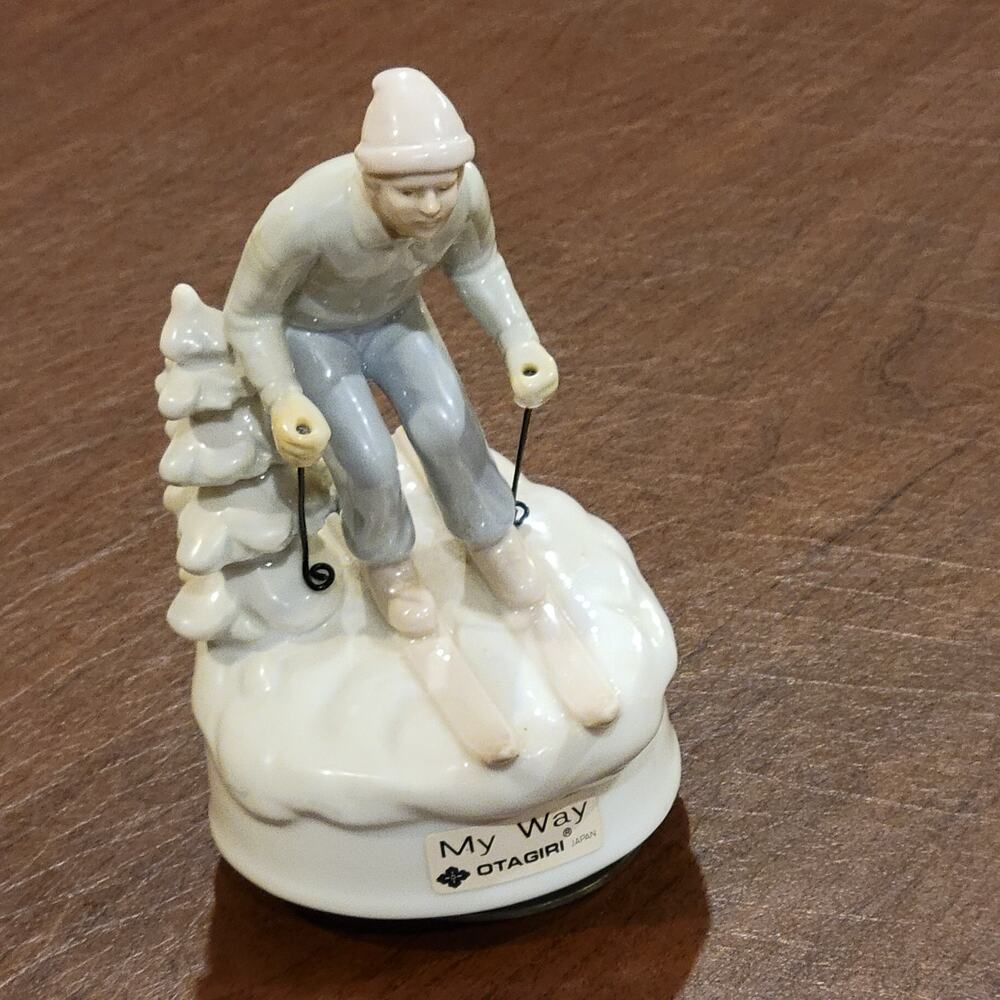 Vintage Otigiri Japan Porcelain Music Box Skier Man Plays My way Frank Sinatra